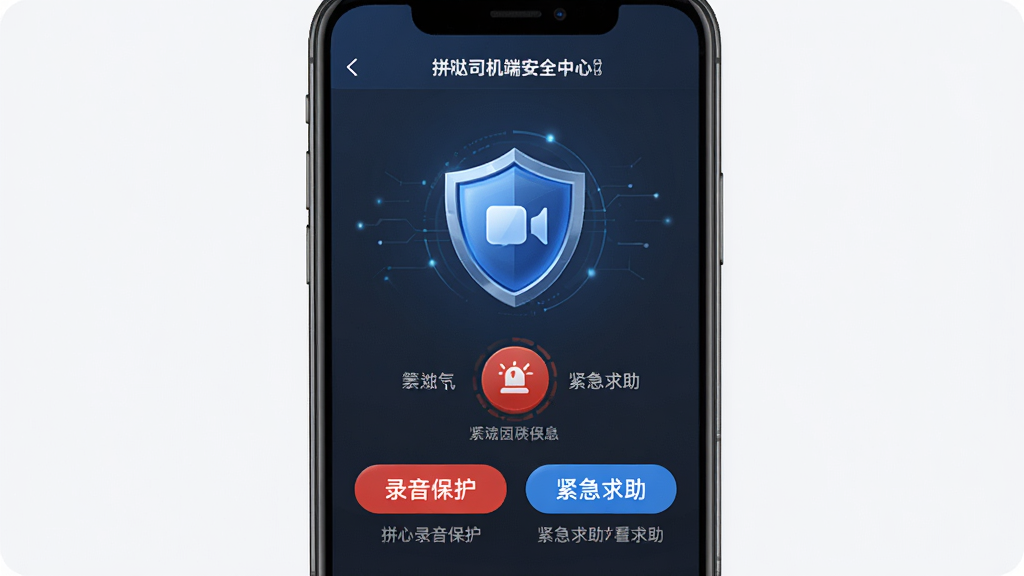 一张展示拼哒司机端安全中心页面的界面图,主体为手机屏幕,布局为盾牌图标居中,下方为录音保护与紧急求助按钮。排版居中对称,风格为安全科技风,细节包括蓝色盾牌、红色报警按钮、灰色说明文字,画质高清,干净无多余元素。