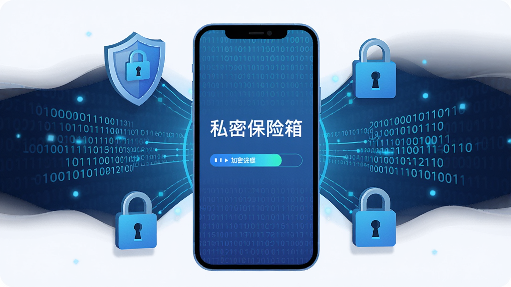 私密保险箱本地加密功能示意图,主体是一个手机屏幕,屏幕中央显示“私密保险箱”软件名称和加密进度条,周围环绕着盾牌、锁头、加密数据流等元素,布局以手机为中心向外辐射,风格扁平化科技风,细节包含二进制代码纹理和蓝色光效,画质清晰,干净无多余元素