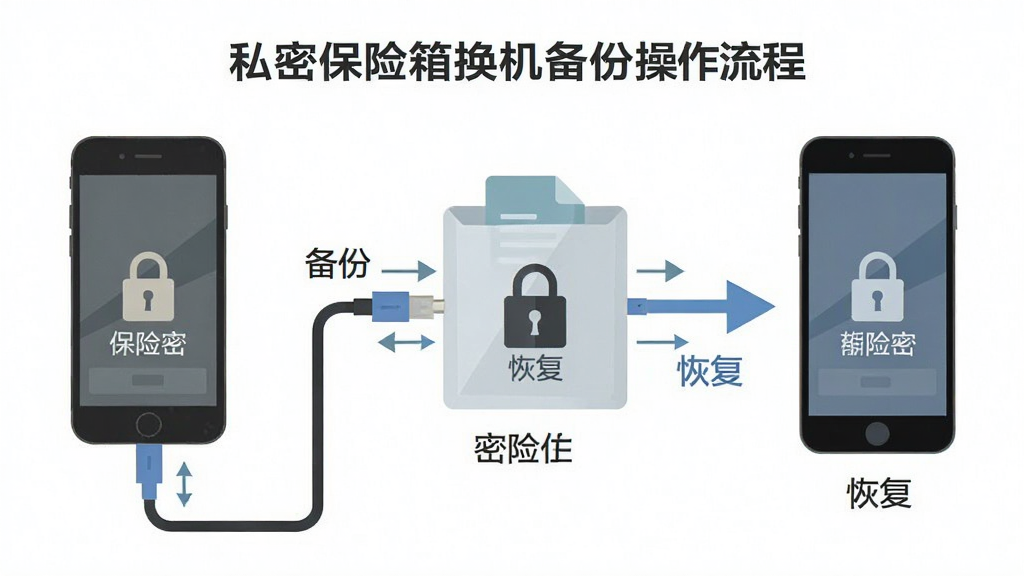 私密保险箱换机备份操作流程图,画面展示一部旧手机通过数据线连接到一个加密文件包,文件包再传输到新手机,布局为左右横向流程,风格扁平化信息图,细节包含手机图标、箭头、锁形标志和“备份”“恢复”文字标签,画质清晰,干净无多余元素