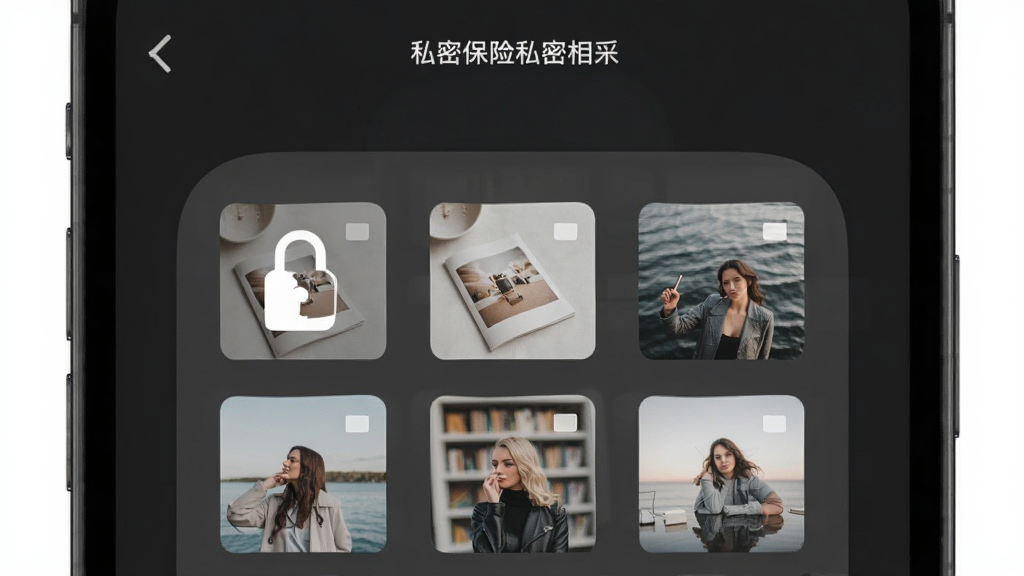 私密保险箱私密相册界面,画面展示手机屏幕内一个带锁的相册文件夹,文件夹内缩略图整齐排列,背景为深灰色,布局为上下结构上方标题下方网格,风格简约沉稳,细节包含锁形图标和照片缩略图,画质高清,干净无多余元素