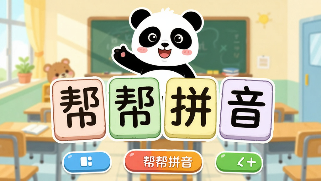 一张展示帮帮拼音软件界面的预览图,画面中央是卡通风格的拼音字母卡片,上方有可爱的熊猫角色引导,背景是明亮的教室场景,主体突出,布局居中,排版简洁,风格为儿童教育类扁平插画,细节包含拼音字母、卡通动物、彩色按钮,画质清晰干净,无多余元素,图片中带有文字