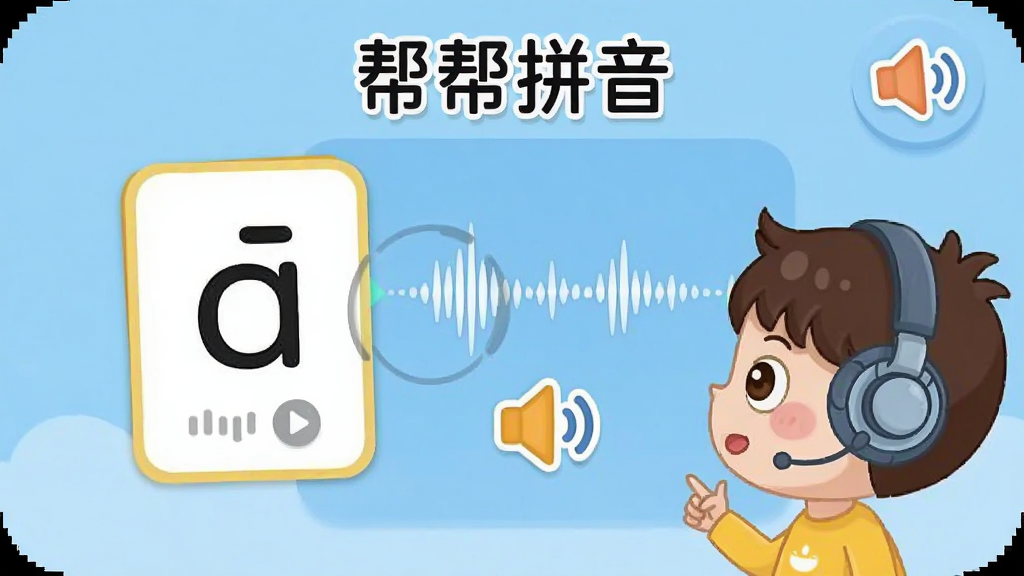 一张帮帮拼音发音练习界面的预览图,画面展示一个拼音字母卡片正在播放发音,旁边有波形图和喇叭图标,卡通角色戴着耳机认真听,主体为发音练习场景,布局居中,排版简洁,风格为儿童教育类插画,细节包含拼音字母、声波图形、耳机图标,画质清晰干净,无多余元素,图片中带有文字