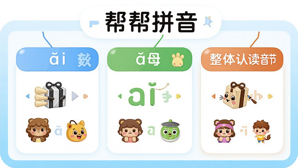一张帮帮拼音课程模块界面的预览图,画面展示声母、韵母、整体认读音节等分类标签整齐排列,每个标签配有对应的卡通图标,主体为课程分类面板,布局清晰,排版规整,风格为儿童教育类扁平设计,细节包含彩色标签、拼音字母、小图标,画质清晰干净,无多余元素,图片中带有文字