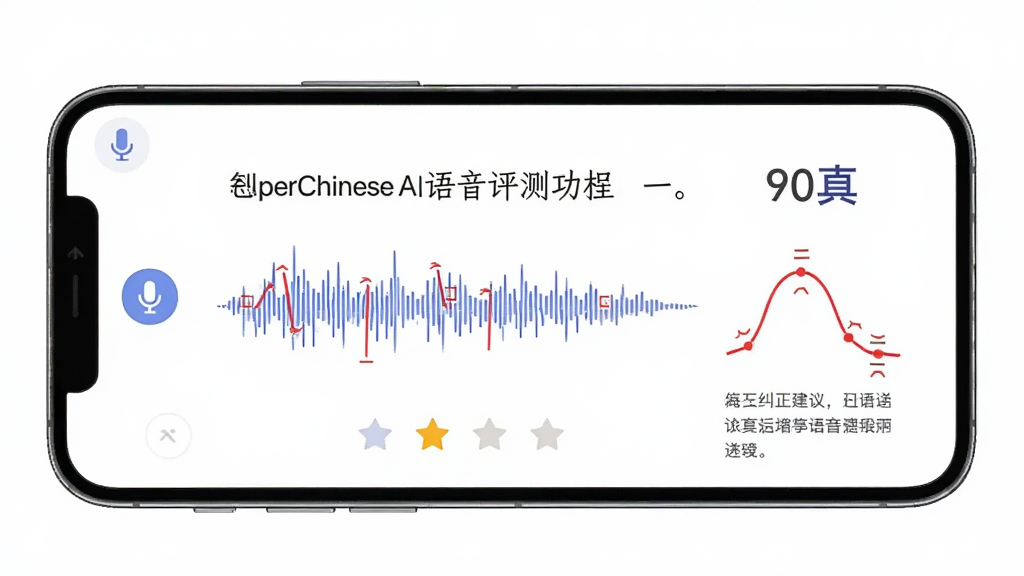 һ��չʾSuperChinese AI�������⹦�ܵĽ���ͼ����������Ϊ�ֻ���Ļ����Ļ����ʾһ�����ľ��Ӻͷ������Σ��Ա����������ֺͺ�ɫ��ǵ��������ߣ�����Ϊ�ֻ����У��Ű��Ϸ��Ǿ����·������֣����Ϊ�ִ������Ƽ��磬ϸ�ڰ�����˷�ͼ�ꡢ�������Ǻ;����������֣����ʸ��壬�ɾ����޶���Ԫ��