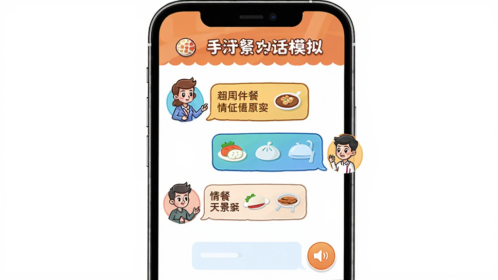 һ��չʾSuperChinese�龰�Ի�ģ�⹦�ܵĽ���ͼ����������Ϊ�ֻ���Ļ����Ļ����ʾ��������Ի����ݣ�һ����AI��ʦһ����ѧϰ�ߣ������ǲ�����ͣ�����Ϊ�ֻ����У��Ű��Ϸ��ǳ��������·��ǶԻ����ݣ����Ϊ��ͨ�廭�磬ϸ�ڰ���ʳ��ͼ�ꡢ�Ի����Ⱥ�������ť�����ʸ��壬�ɾ����޶���Ԫ��
