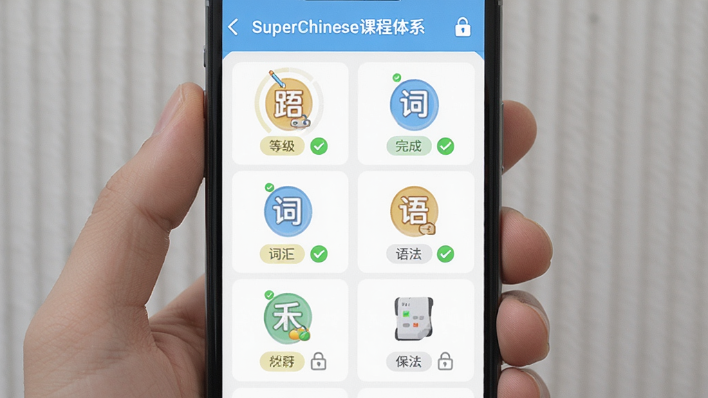 һ��չʾSuperChinese�γ���ϵ������ֻ���ͼ����������Ϊ�ֻ���Ļ����Ļ����ʾ�γ��б��ͽ��Ȼ�����ƴ�����ʻ㡢�﷨��ģ��ͼ�꣬����Ϊ�ֻ����У��Ű�����������У����Ϊ���½����磬ϸ�ڰ����ȼ���ǩ����ɴ򹴺�����ͼ�꣬���ʸ��壬�ɾ����޶���Ԫ��