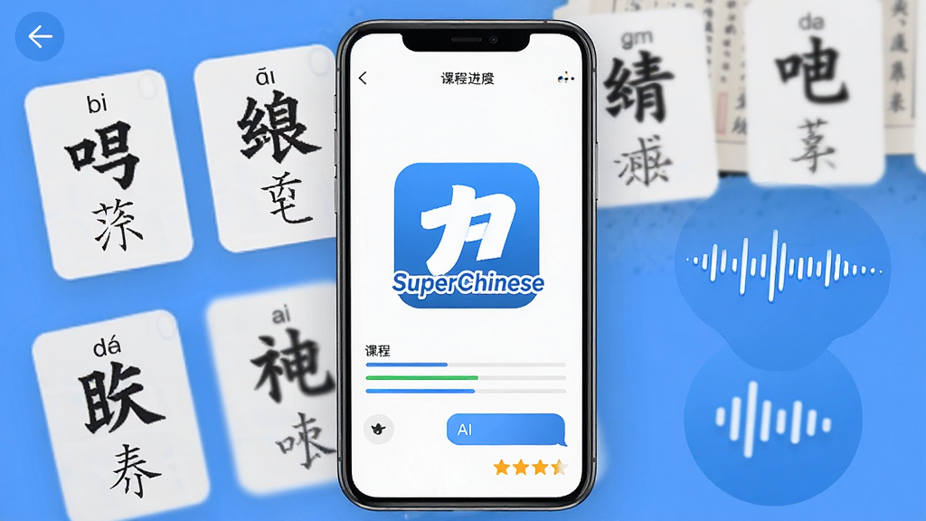 һ��չʾSuperChineseӦ����������ֻ���Ļ��ͼ������������SuperChinese����ɫ��־��������ѧϰ���ĵĳ������к��ֿ�Ƭ��ƴ����ע����������ͼ�꣬����Ϊһ���ִ������ֻ������ֲ��þ��аڷţ��Ű������������Ϊ��ƽ���Ƽ��磬ϸ�ڰ��������ϵĿγ̽�������AI�Ի����ݺ������Ǽ������ʸ��壬�ɾ����޶���Ԫ��