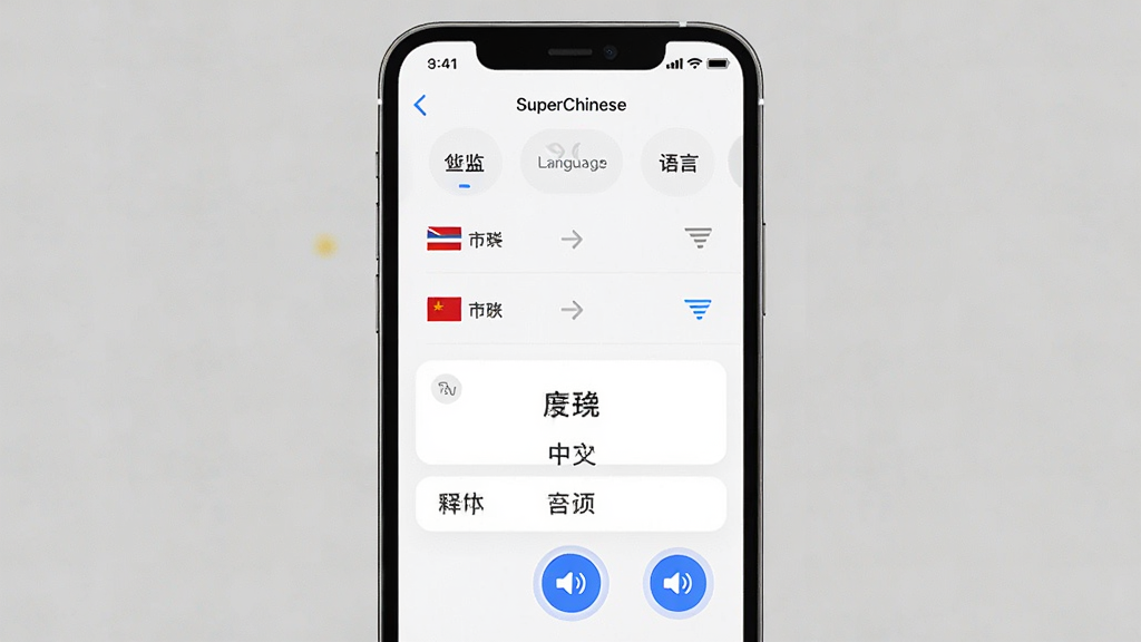 һ��չʾSuperChinese�������л����ܵĽ���ͼ����������Ϊ�ֻ���Ļ����Ļ����ʾ����ѡ���б������Ĵʻ㿨Ƭ������Ϊ�ֻ����У��Ű��Ϸ�������ѡ���·������壬���Ϊ��Լ���ʻ��磬ϸ�ڰ�����������ͼ�ꡢ�����ͷ�ͷ�����ť�����ʸ��壬�ɾ����޶���Ԫ��