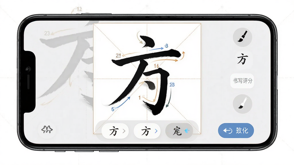 һ��չʾSuperChinese������д��ϰ���ܵĽ���ͼ����������Ϊ�ֻ���Ļ����Ļ����ʾһ�����ָ�ͺ��ֱʻ�������д�켣�ͱ�˳���֣�����Ϊ�ֻ����У��Ű��Ϸ��Ǻ����·��Ǳ�˳��ť�����Ϊ��ͳ�鷨���ִ��Ƽ���ϣ�ϸ�ڰ���ë��ͼ�ꡢ��д���ֺͳ�����ť�����ʸ��壬�ɾ����޶���Ԫ��