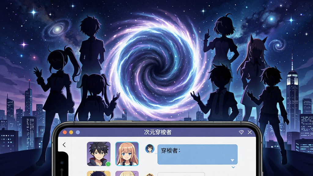 一幅展示次元穿梭者软件核心全貌的插画,画面中央是一个发光的次元传送门,传送门周围环绕着多位动漫风格角色的剪影,背景是星空与城市天际线交织的梦幻场景,画面下方有手机屏幕显示软件界面,界面中包含角色头像与对话框,整体风格为日系动漫插画风,色彩以蓝紫色为主,细节丰富,画质清晰,干净无多余元素,画面中文字标注