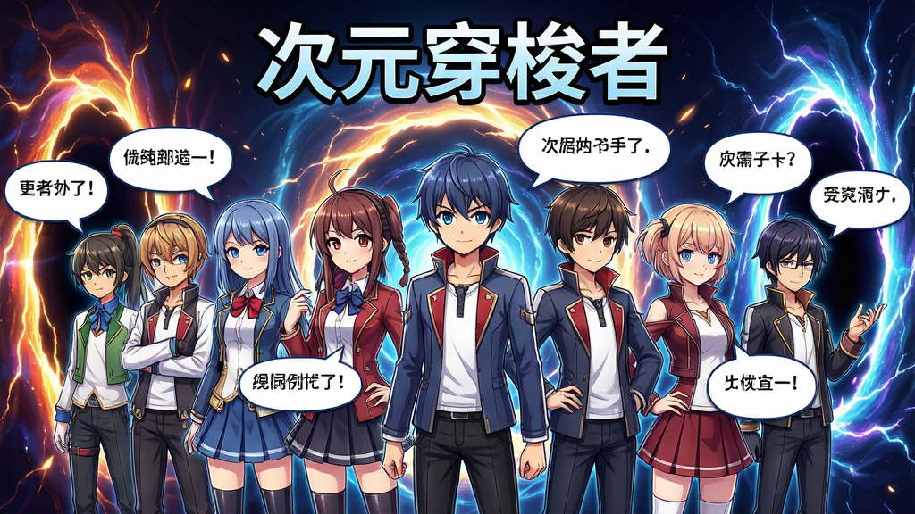 一张展示次元穿梭者多元角色汇聚功能的宣传图,画面中多位动漫风格角色并排站立,每位角色身旁有对话气泡显示不同台词,背景是次元裂缝效果,画面顶部有软件名称