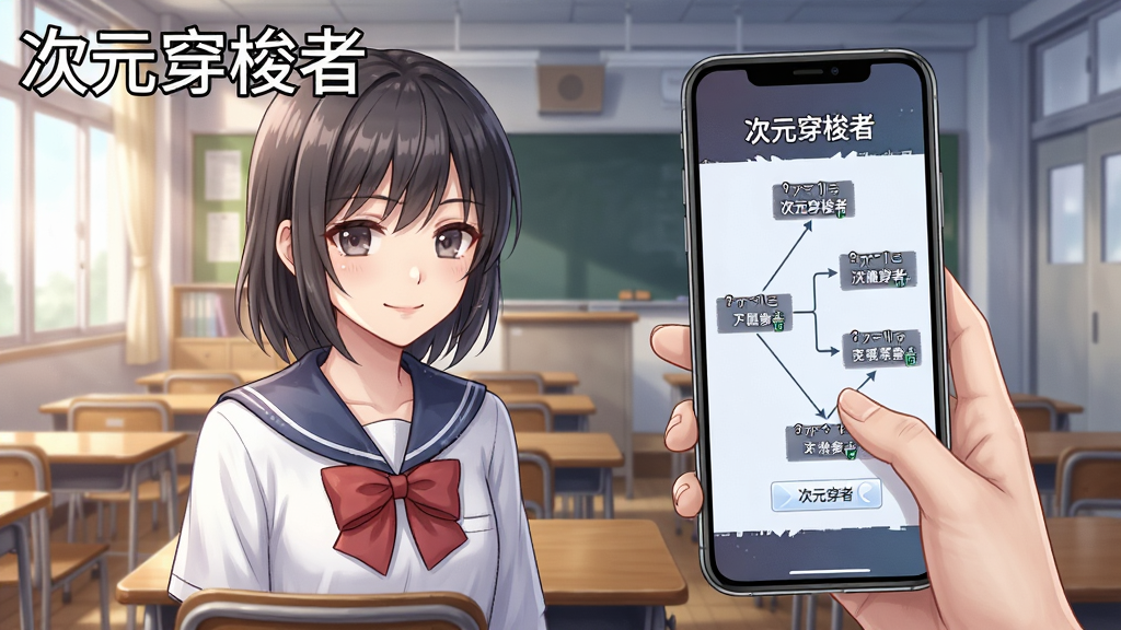一幅次元穿梭者沉浸式剧情互动功能的场景图,画面中一位动漫角色与用户第一人称视角的手机屏幕互动,屏幕显示剧情选择分支界面,背景是动漫风格的教室场景,画面中有