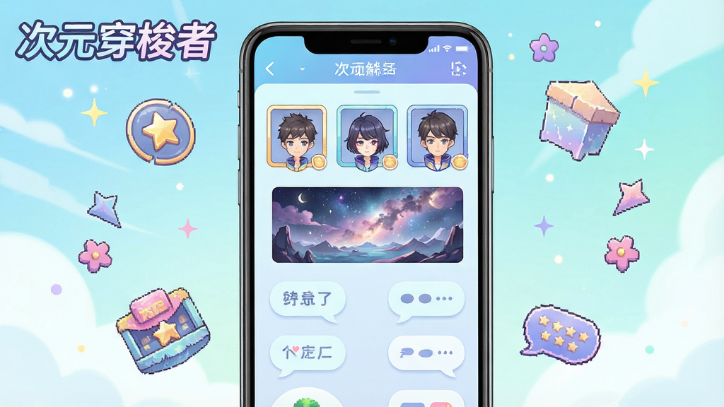 一张展示次元穿梭者个性化装扮系统的界面图,画面中手机屏幕显示角色装扮选择界面,包含多种头像框、背景图与气泡样式,屏幕周围漂浮着装饰元素,画面中有