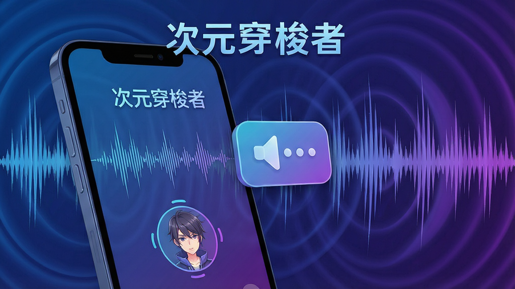 一幅次元穿梭者实时语音互动功能的示意图,画面中手机屏幕显示语音波形与角色头像,角色头像旁有语音气泡,背景是声波扩散的视觉效果,画面中有