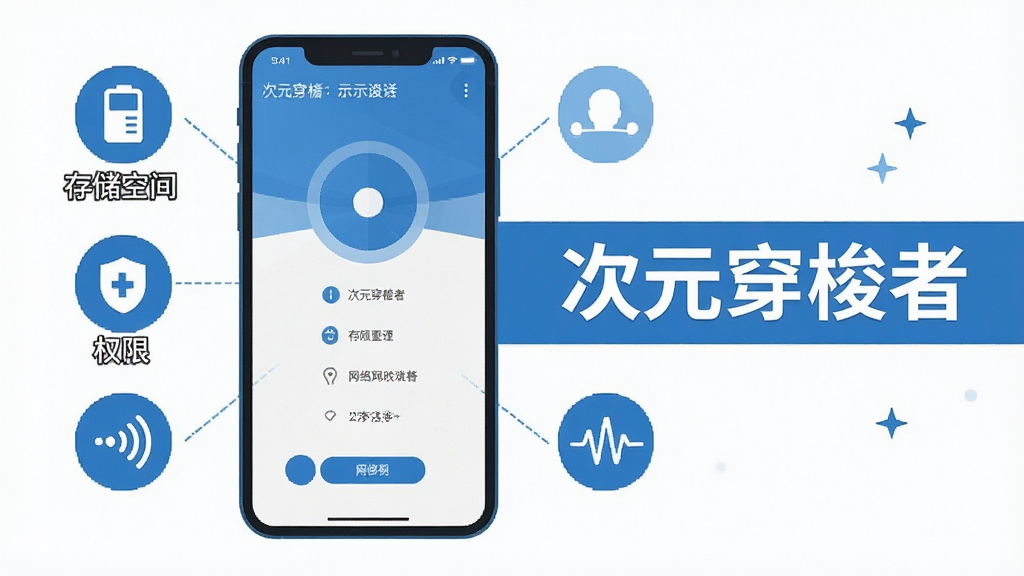 一幅次元穿梭者运行注意事项的示意图,画面中手机屏幕显示软件运行界面,屏幕旁有提示图标如存储空间、权限、网络信号等元素,画面中有
