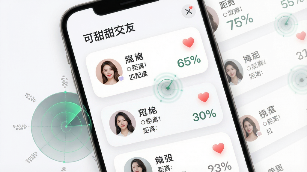 一张展示社交软件智能推荐算法的示意图,画面中心为“可甜交友”推荐页面,布局为卡片式用户列表,每张卡片包含头像、昵称、距离和匹配度百分比,排版错落有致,风格为柔和圆角设计,细节包括雷达扫描动效、爱心图标点缀,画质高清,背景干净,无多余元素