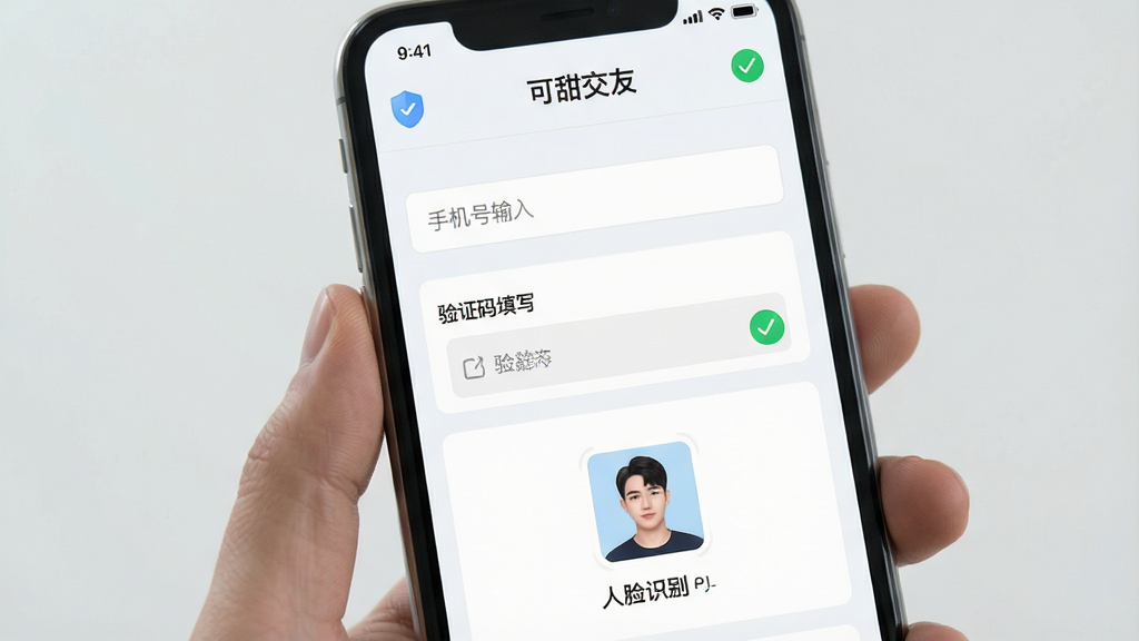 一张展示手机应用实名认证流程的图片,画面主体为“可甜交友”认证页面,布局从上到下依次为手机号输入框、验证码填写区、人脸识别按钮,排版纵向排列,风格为清爽浅色系UI,细节包括盾牌安全图标、绿色对勾标记,画质清晰,背景简洁,无多余元素