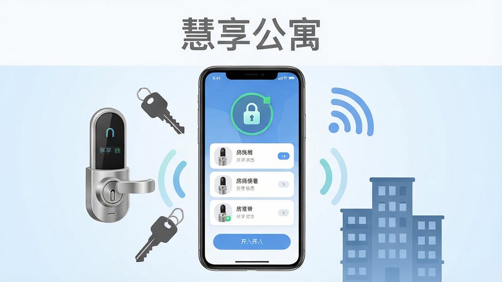 画面中央是一部智能手机,屏幕显示慧享公寓应用主界面,界面中有门锁状态图标、房间列表和开门按钮。手机周围环绕着智能门锁、钥匙图标、无线信号波纹和公寓楼剪影。布局采用中心放射式构图,手机位于视觉焦点。排版简洁明快,上方留白处用灰色字体写“慧享公寓”。风格为扁平化科技插画,细节包括锁体金属质感、界面按钮圆角处理、背景浅蓝渐变。画质清晰干净,无多余元素,整体呈现专业智能家居管理氛围。