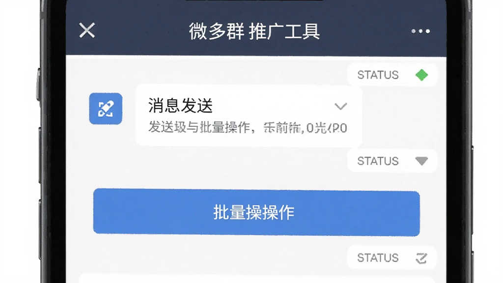 微多群推广工具界面,手机屏幕中展示消息发送与批量操作按钮,排版紧凑,风格简约商务,细节包含功能图标与状态提示,画质清晰,干净无多余元素
