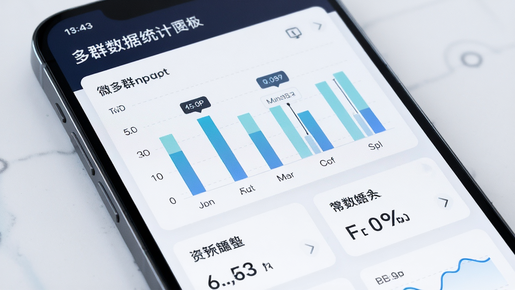 微多群数据统计面板,手机屏幕中展示图表与数字指标,布局合理,风格现代科技,细节包含柱状图与数值标签,画质清晰,干净无多余元素