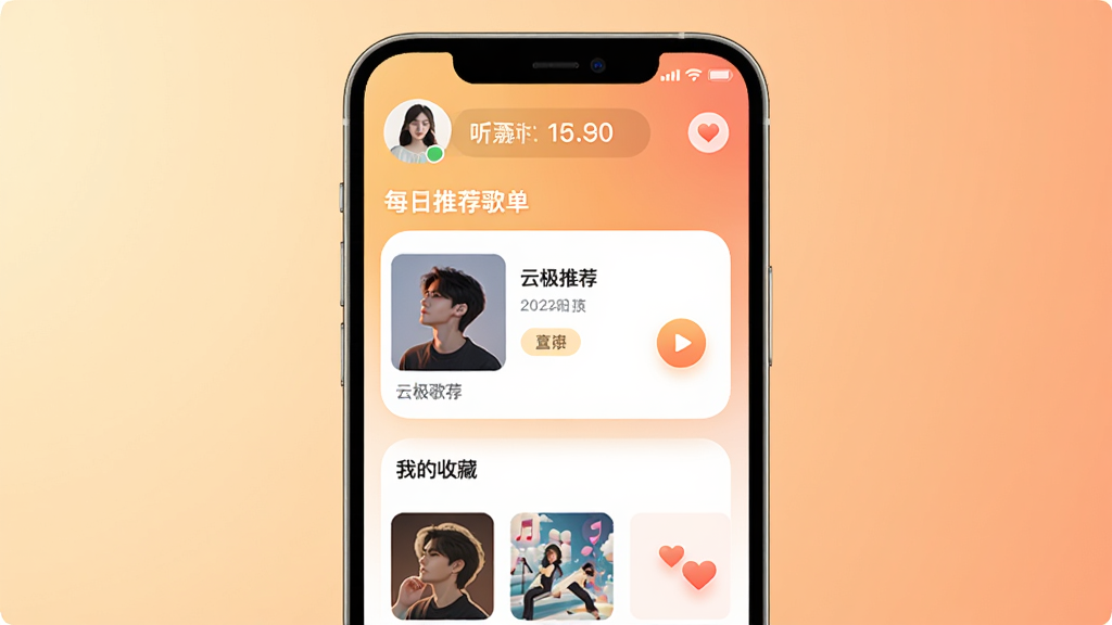 云极音乐个性化推荐与收藏界面,手机屏幕展示每日推荐歌单和我的收藏列表,有爱心图标标记喜欢的歌曲,顶部有用户头像和听歌时长统计,背景为暖色调渐变,风格柔和圆角设计,细节有推荐标签、播放按钮、歌单封面缩略图,画质清晰,干净,无多余元素