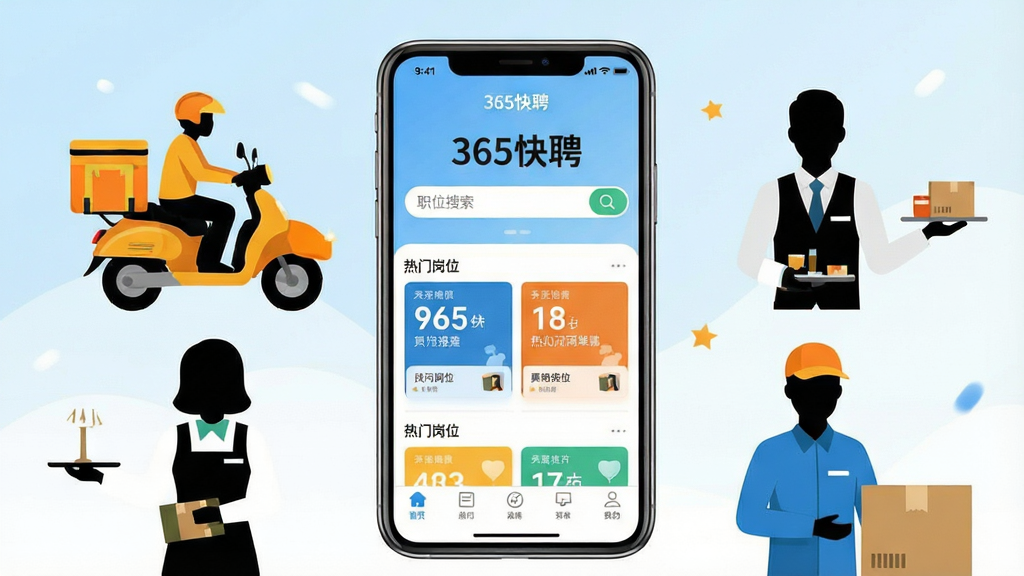 画面中央展示一部智能手机,屏幕内呈现“365快聘”APP首页界面,界面中包含职位搜索框、热门岗位卡片与底部导航栏。手机周围环绕着外卖骑手、餐厅服务员、快递员等职业人物剪影,以扁平化插画风格呈现。背景采用浅蓝与白色渐变,整体布局简洁明快,突出灵活用工主题。画质清晰,干净无多余元素,文字“365快聘”清晰可见。