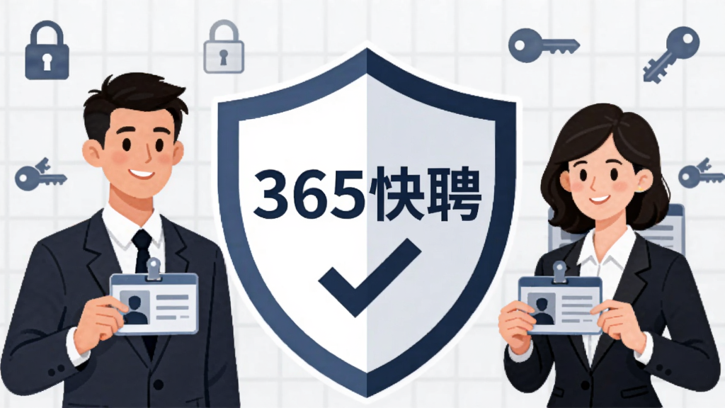 画面中心是一个盾牌形状的图标,盾牌内部显示“365快聘”文字与对勾符号。盾牌两侧分别站立着穿着职业装的男士与女士,他们手持身份证件,面带微笑。背景为浅灰色网格纹理,点缀着锁与钥匙的简约图标。整体风格为商务安全主题插画,色调沉稳,画质清晰,干净无多余元素。