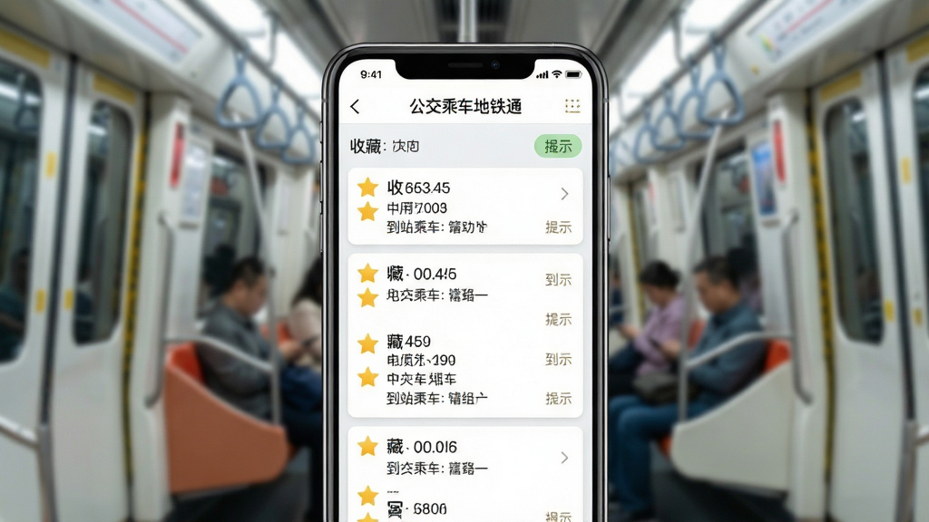 一张以“公交乘车地铁通”收藏管理功能为核心的AI生成图片,画面主体为手机屏幕展示收藏线路列表,每条线路带有星标图标与简短备注,背景是地铁车厢内部虚化场景,布局采用竖屏居中展示,风格简洁实用,细节包括收藏星标、线路编号、到站提示,画质清晰干净,无多余元素