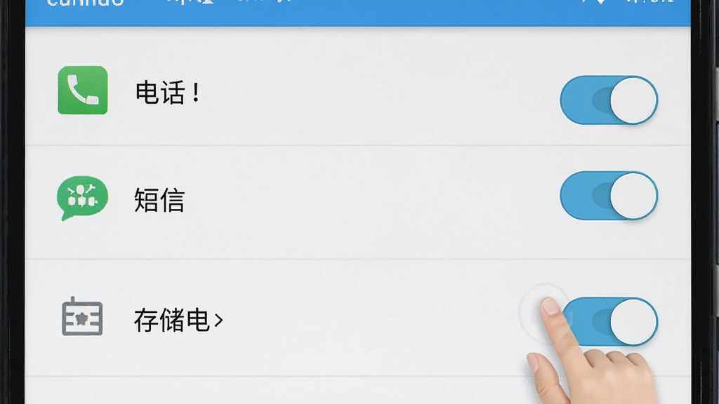 手机话费流量查安装权限设置示意图,画面展示安卓手机设置页面的权限管理界面,屏幕上有电话、短信、存储等权限开关,背景为浅色系统UI,风格为操作指引风,细节包含手指指示和权限图标,画质清晰干净无多余元素