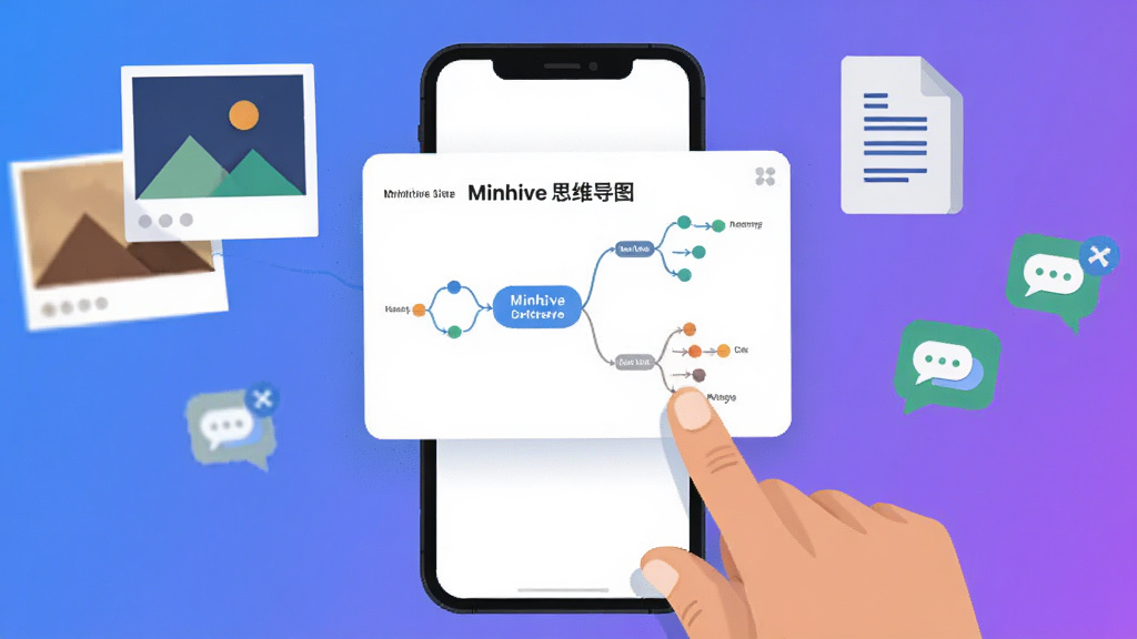 �������һֻ�ִ��ֻ���Ļ����ק��һ�š�Mindhive˼ά��ͼ����ͼ��Ƭ����Ƭ���������ķ�֧��ڵ㣬��ΧƯ����ͼƬ���ĵ�������ͼ�꣬����������������ܣ���ƽ���廭������Ͻ��䱳������ͼ���У����ʸɾ����޶���Ԫ��