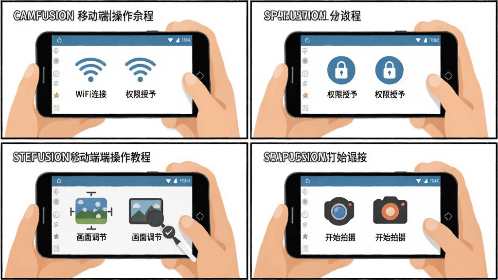 CamFusion移动端操作教程示意图,主体为手持安卓手机展示分步设置流程,布局为四格漫画式排列,排版从左到右从上到下,风格为扁平化教程插画,细节包含WiFi连接、权限授予、画面调节、开始拍摄四个步骤图标,画质清晰干净无多余元素