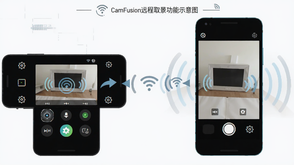 CamFusion远程取景功能示意图,主体为两部安卓手机通过WiFi信号连接,布局为左侧手机显示控制界面右侧手机显示摄像头画面,排版左右呼应,风格为简约科技插画风,细节包含信号波纹、实时画面传输箭头、设置齿轮图标,画质高清干净无多余元素