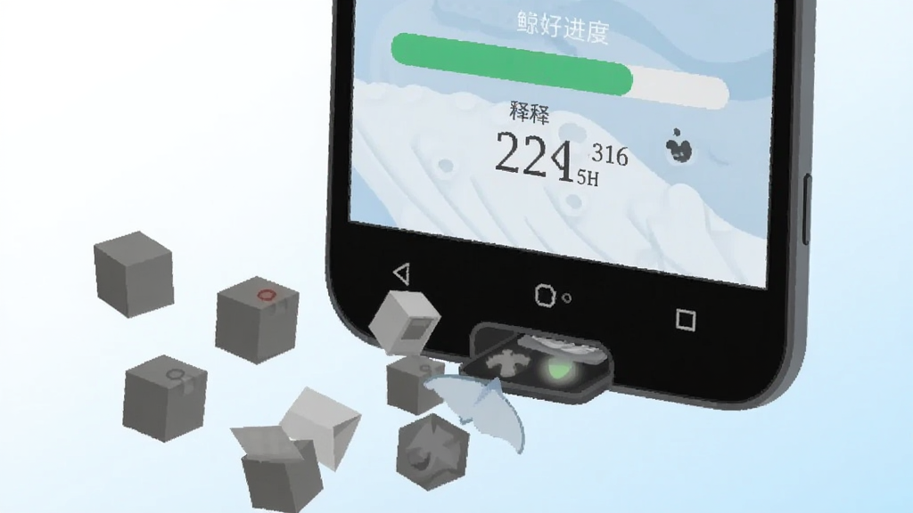 一张展示鲸的管家一键清理功能的图片,画面主体为一部安卓手机,屏幕上显示清理进度条和已释放空间数字,手机周围漂浮着代表垃圾文件的灰色小方块正在被吸入手机底部的清理入口,背景为白色到浅蓝色的渐变,风格扁平化,细节清晰,画质干净,无多余元素