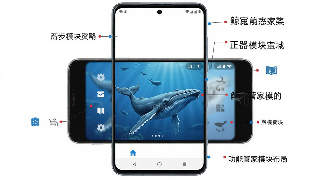 一张展示鲸的管家功能模块布局的图片,画面为一部安卓手机的正视图,屏幕清晰展示底部导航栏和各个功能入口,手机周围有文字标注说明各模块名称,背景为纯白色,风格极简,细节清晰,画质干净,无多余元素