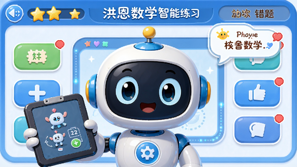 洪恩数学智能练习界面,主体为卡通机器人手持答题板,布局为中央题目区与两侧选项按钮,排版采用上下结构,风格为科技感与童趣结合,细节包括进度星星、错题红点提示与鼓励语气泡,画质高清,画面干净,无多余元素