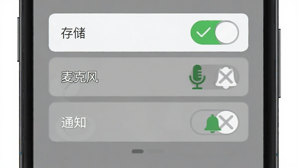 洪恩数学安装与权限设置示意图,主体为手机屏幕显示权限开关界面,布局为上下排列的权限列表,排版清晰标注“存储”“麦克风”“通知”等选项,风格为简约扁平化UI,细节包括绿色对勾与灰色禁用图标,画质高清,画面干净,无多余元素