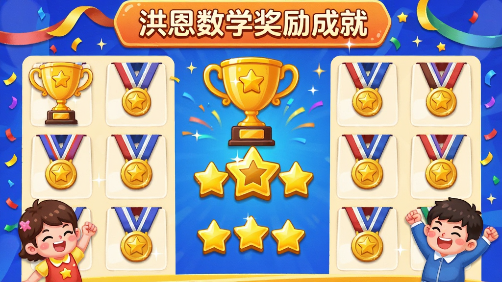 洪恩数学奖励成就页面,主体为卡通奖杯与勋章墙,布局为网格状陈列,排版居中展示获得星星数量,风格为闪亮庆典风,细节包括彩带、礼花与角色欢呼动作,画质清晰,画面干净,无多余元素