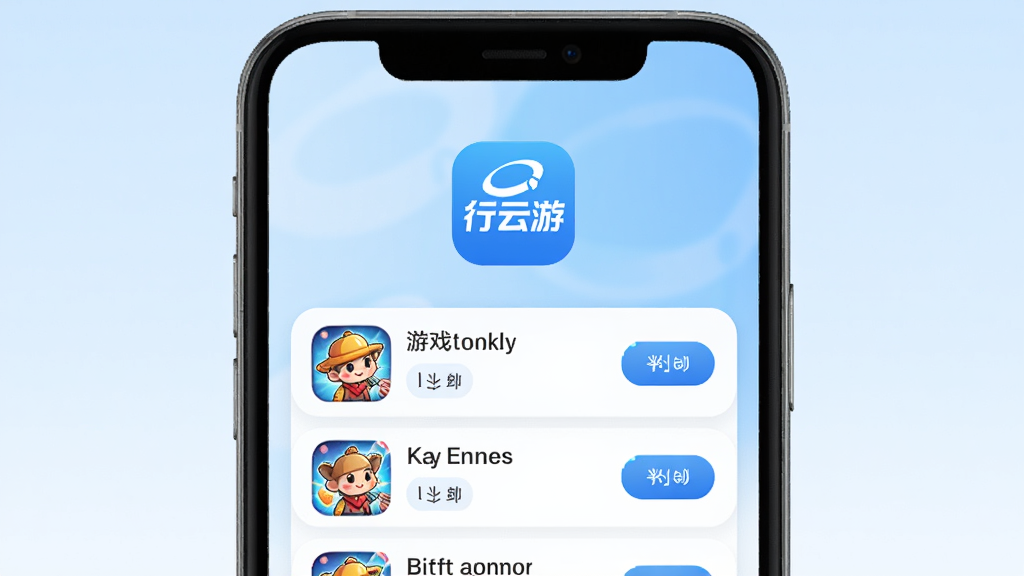 行云游应用主界面展示,手机屏幕中央显示行云游Logo和游戏推荐列表,背景为淡蓝色渐变,界面简洁现代,风格清新科技感,细节包含游戏图标和下载按钮,画质高清,干净无多余元素