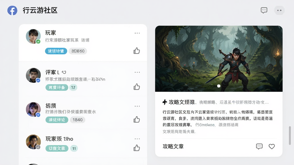 行云游社区界面,展示玩家发帖列表和攻略文章卡片,带有评论和点赞图标,背景为浅灰色,风格社交化,细节包含用户头像和话题标签,画质高清,干净无多余元素