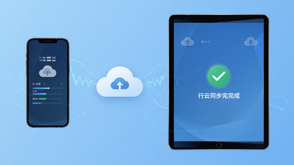 行云游云存档功能示意图,手机与平板之间通过云朵图标连接,显示数据同步动画,背景为科技蓝,风格现代简约,细节包含进度条和同步完成标识,画质高清,干净无多余元素