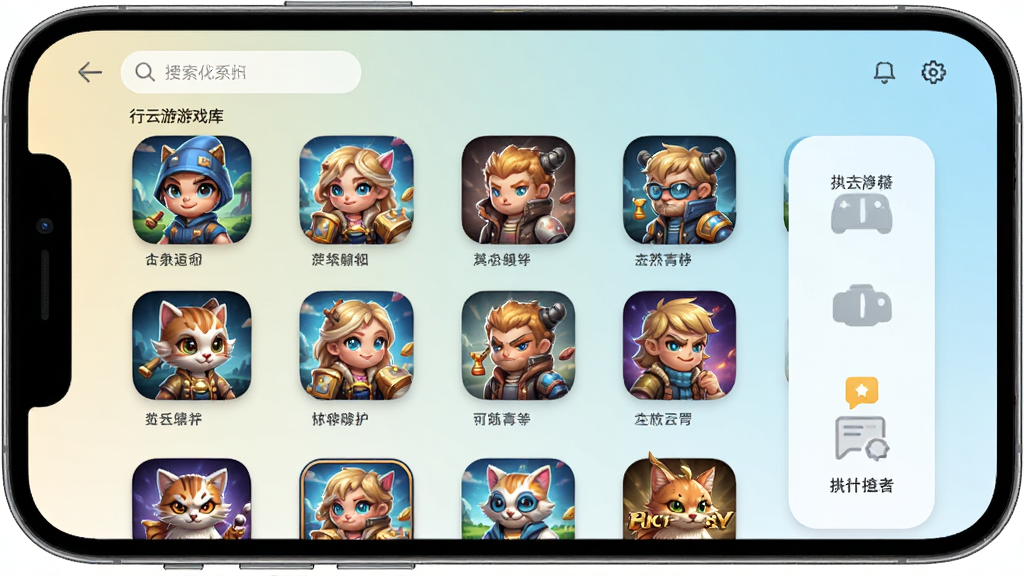 行云游游戏库界面,展示多款游戏图标整齐排列在手机屏幕上,分类标签清晰可见,背景为浅色渐变,风格简洁明快,细节包含搜索框和排行榜入口,画质高清,干净无多余元素
