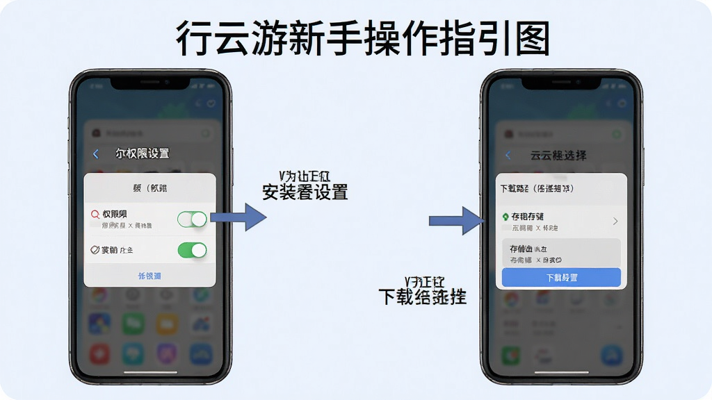 行云游新手操作指引图,手机屏幕显示安装权限设置界面和下载路径选择界面,带有箭头标注和文字说明,背景为浅色,风格教程化,细节包含权限开关和存储选项,画质高清,干净无多余元素