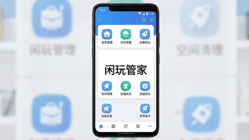一张展示闲玩管家软件主界面的手机屏幕截图,画面中央清晰呈现软件名称闲玩管家,主体为一部竖屏安卓手机,布局采用居中构图,手机屏幕内展示应用管理、空间清理、加速优化等功能模块图标,排版整齐有序,风格为简洁现代的科技蓝白配色,细节包括圆角图标、状态栏电量与时间显示、底部导航栏,画质高清,画面干净,无多余元素
