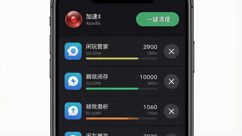 一张展示闲玩管家后台进程管理界面的手机截图,画面主体为竖屏手机,布局为列表式,每条目显示应用图标、名称、内存占用数值及关闭按钮,顶部有加速球和一键清理按钮,排版紧凑信息清晰,风格为深色背景搭配亮色高亮,细节包括内存占用进度条、关闭图标,画质高清,画面干净,无多余元素