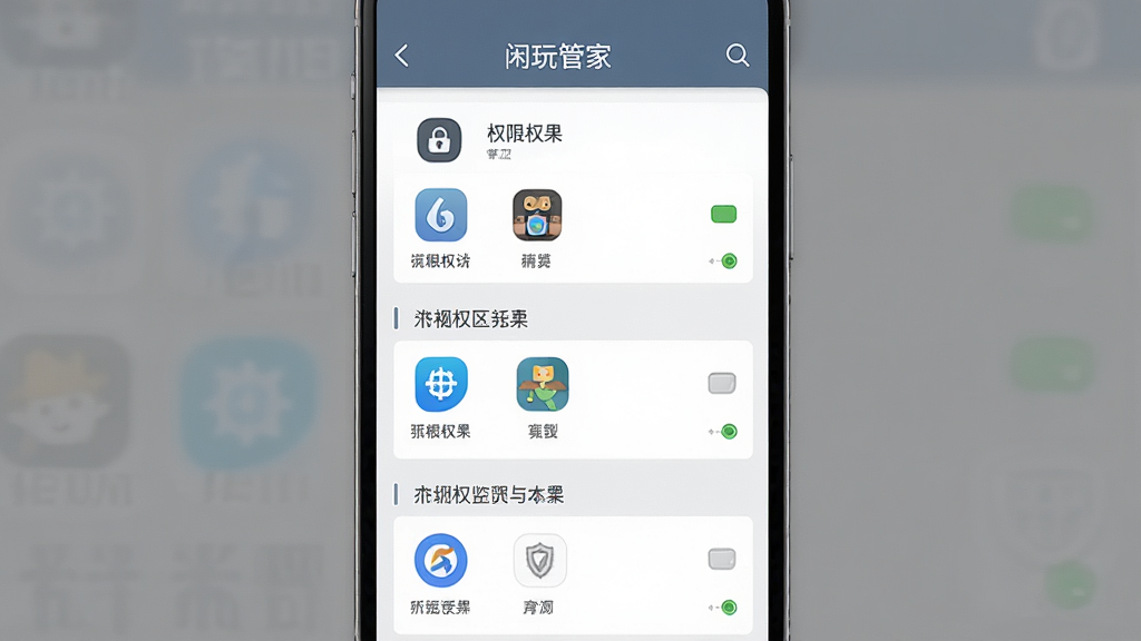 一张展示闲玩管家应用权限监控界面的手机截图,画面主体为竖屏手机,布局为权限分类列表,每项权限下方列出已授权的应用图标,排版清晰,风格为简约商务的灰蓝配色,细节包括权限图标、应用小图标、授权状态标识,画质高清,画面干净,无多余元素