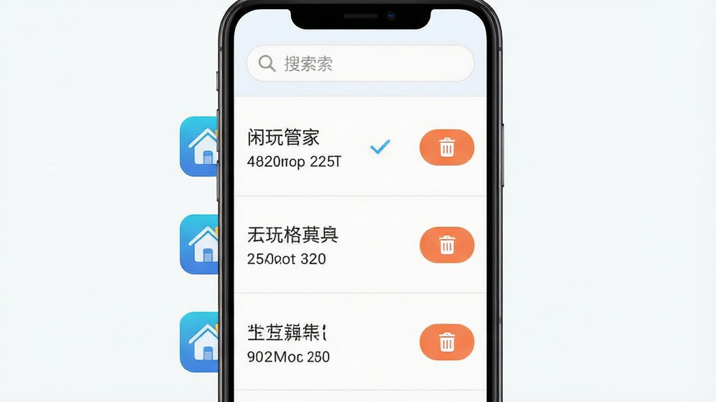 一张展示闲玩管家应用安装包管理界面的手机截图,画面主体为竖屏手机,布局采用上下结构,顶部为搜索栏,中部为安装包列表,每个条目左侧显示应用图标、右侧显示文件大小和操作按钮,排版清晰规整,风格为清爽的浅色系扁平化设计,细节包括勾选框、删除按钮、文件大小标注,画质高清,画面干净,无多余元素
