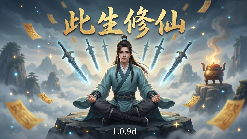 画面中央是一位身穿青灰色道袍的年轻修士,盘坐在云雾缭绕的仙山之巅,身后悬浮着数把发光飞剑,远处有丹炉冒着金光,整体为东方玄幻风格,构图采用中心对称布局,画面上方用金色毛笔字写着“此生修仙”,下方用白色小字写着“1.0.9d”,细节包含飘落的灵符与星光粒子,画质高清,干净,无多余元素
