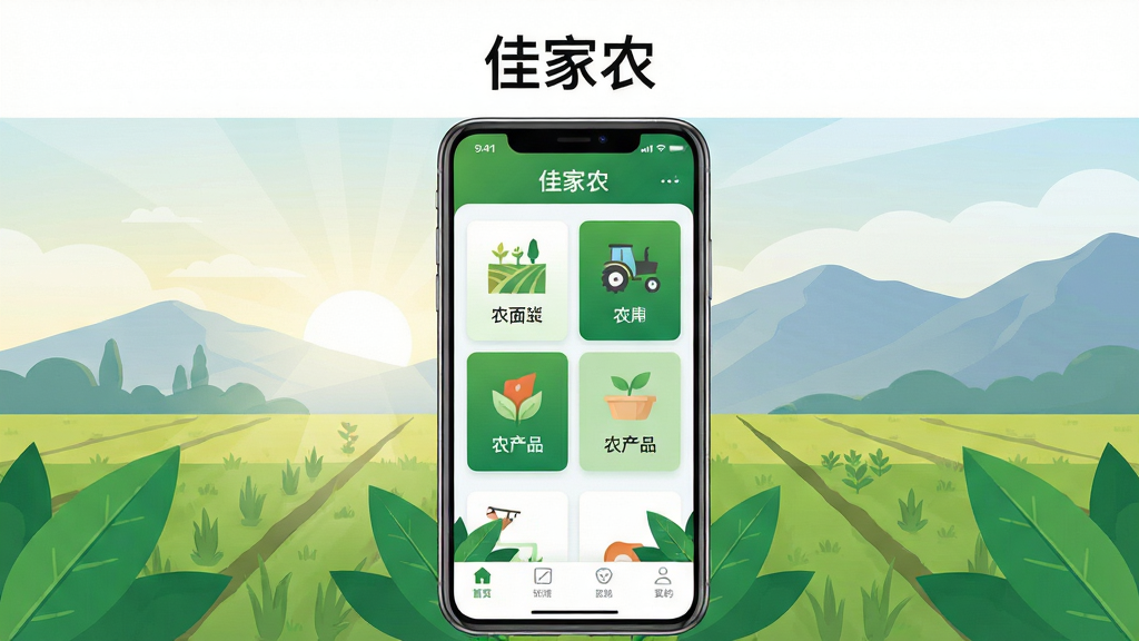 画面主体是一部智能手机,屏幕中显示佳家农应用首页界面,包含农田、农机、农产品图标与绿色主题色块;布局为手机居中放置,背景是清晨的农田与远山;排版简洁,上方留白放置应用名称;风格为扁平化科技插画风;细节包括屏幕内清晰的功能卡片、底部导航栏、绿色叶片装饰元素;画质高清,干净,无多余元素