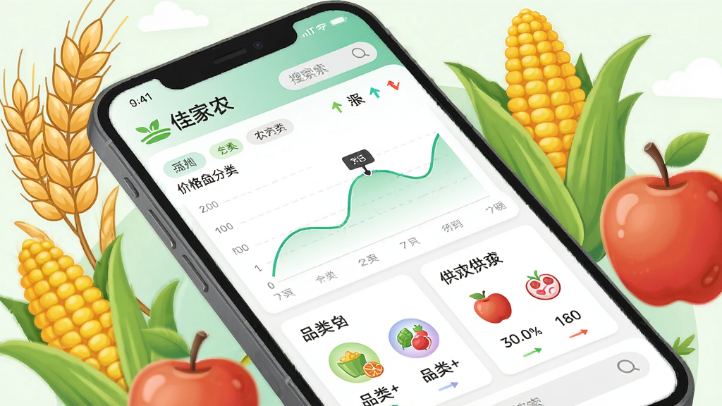 一幅信息图表风格的插画,主体是佳家农应用中的农产品行情页面,包含价格曲线、品类图标与供求卡片;布局为手机屏幕展示,周围环绕麦穗、玉米、苹果等农产品元素;风格为清新数据可视化风;细节包括涨跌箭头、分类标签、搜索框;画质高清,干净,无多余元素