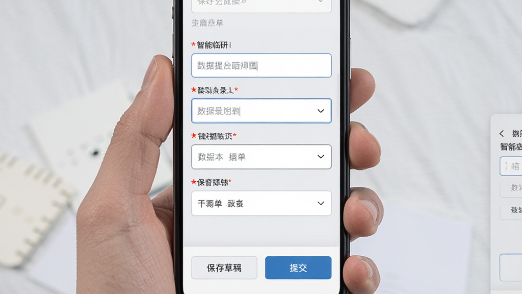 智能临研i的数据录入表单页面展示,手机屏幕显示多个输入框和下拉选项,部分字段带有红色星号标记,底部有保存草稿和提交按钮,背景为浅灰色,布局为手机正面特写,风格为简洁商务风,细节包括输入框的边框和提示文字,画质清晰干净无多余元素